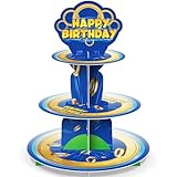Baderke 3-Tier Blue and Gold Ring Cupcake Stand Cartoon Inspired Cake Tray for Them Birthday Party Video Game Animals Theme Dessert Display Tower Forest Ring Party Supplies