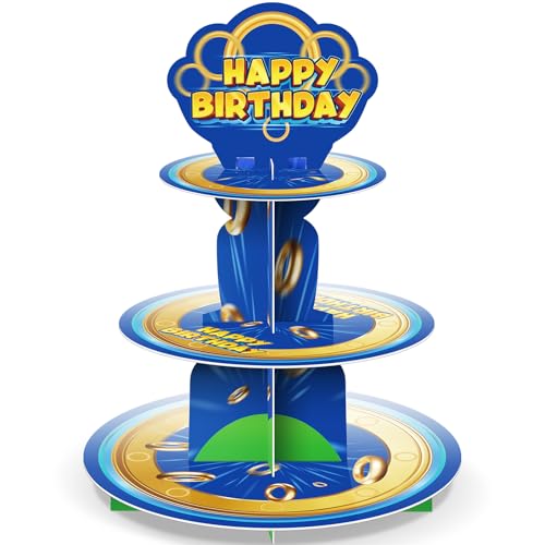 Baderke 3-Tier Blue and Gold Ring Cupcake Stand Cartoon Inspired Cake Tray for Them Birthday Party Video Game Animals Theme Dessert Display Tower Forest Ring Party Supplies