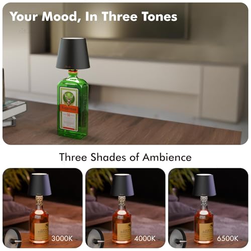 Image of Wireless Bottle Lamp for Living Room | 3 Colour Tones with Dimming | Rechargeable Touch Lampshade | Night Light for Bedroom | Birthday Gifts for Girls, Women, Wife (Black, Vino)