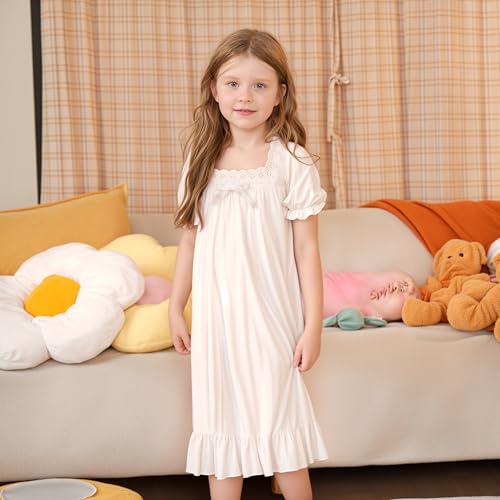 LQSZ Girls Nightgowns Puff Short Sleeve Sleepwear Lace Victorian Princess Pajama 3-10 Years Night Dress for Little Girl3