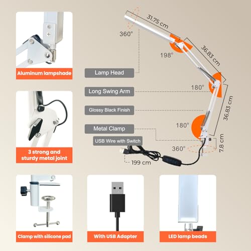 Image of Dyazo Overhead LED Desk Lamp with Long Adjustable Arm Clamp | Dimmable Table Light Includes 3 Color Modes & 10 Brightness Levels | 12W Lighting for Study, Reading, Crafting with Memory Feature (White)