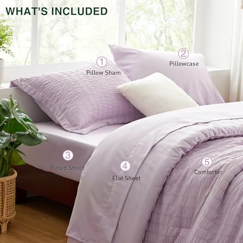 Love'S Cabin C-USA23L1PJTEPGVTW Seersucker Lavender Twin Comforter Set 5 Pieces, All Season Bedding Set, Twin Bed In A Bag Comforter Set With Comforter, Flat Sheet, Fitted Sheet, Pillowcase And Pillow Sham thumb #4