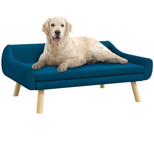 PawHut Canapé pour Chien Chat Design scandinave Coussin Moelleux Amovible Tissu Aspect Velours Pieds Bois Massif 102L x 58,5P x 42,5H cm, Bleu