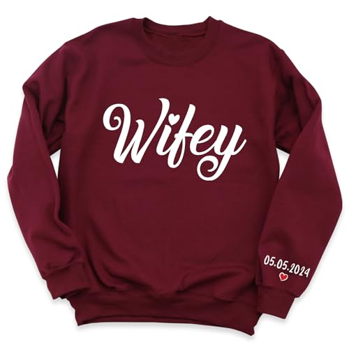 Personalized Wifey Hubby Sweatshirt, Wedding Gift T-Shirt, New Wife Hubs Sweatshirt, Newlywed Honeymoon Present Tees, Custom Mrs Shirt With Wedding Date, Custom Wifey Sweatshirt With Anniversary Date3