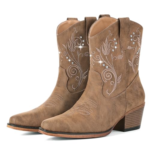 IUV Cowboy Boots for Women Ankle Cowgirl Boots with Rhinestone Decor