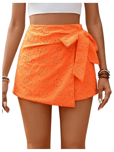 Milumia Women's Summer Wrap Tie Skirt Eyelet Knot Side Boho High Waist Skirts Shorts Skort Orange Medium
