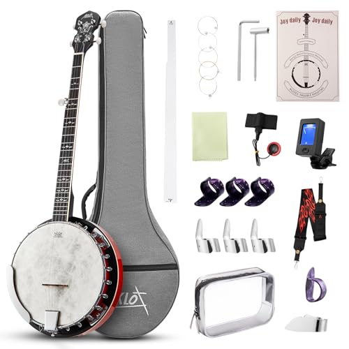 AKLOT Full-Sized Banjo with Remo Head: 38’’ 5 String Banjo Set with Removable Resonator, Geared 5th Tuner, 24 Brackets, Deluxe Beginner Kit with Gig Bag, Strings, Strap, Picks, Tuner, Bridge Ruler（01）