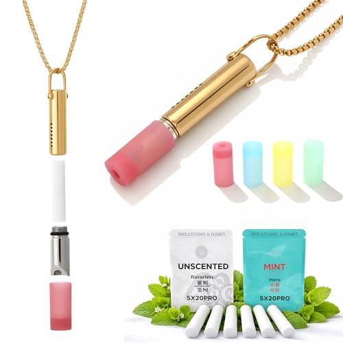 Daursul Breathing Necklace with Cotton Core Nicotine-Free Oral Fixation Alternative Replaceable Cotton Filters Stress Relief Breathing Pendant for Quitting Habits (Gold+2 Flavor Packs with)