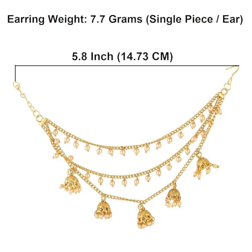 Efulgenz Indian Bollywood Jewelry Gold Tone Plated Dangling Earring with Layered Jhumka Tassels Ear Support Chain Hair Accessory, Copper, not known4