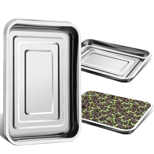 RooTrimmer 5 Pack Large Stainless Steel Seedling Trays, Heavy Duty Metal Water Catch Trays for Nursery Pots-Transplant, Seed Germination & Propagation Flats (17.5 inch 13.56 inch, 1.18" Heigh...