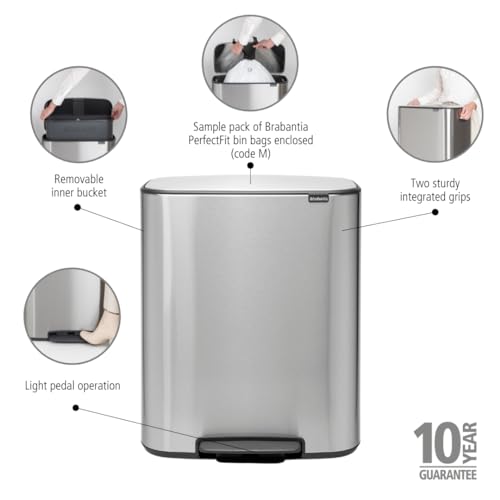Image of Brabantia Bo Step-On Pedal Trash Can - 16 Gal Inner Bucket (Matt Steel FPP) Waste /Recycling Garbage Can, Removable Compartment