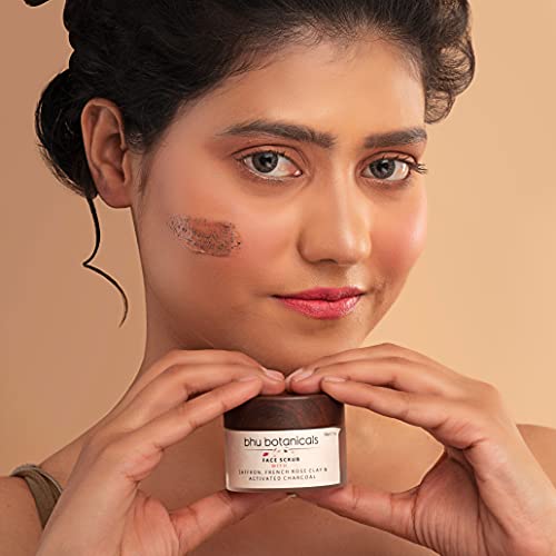 bhu botanicals Skin Brightening Face Scrub| Saffron | French Rose Clay | Activated Charcoal | Tan Removal | Deep Exfoliation | Oily to Normal skin | Dry to sensitive skin| 50 gm