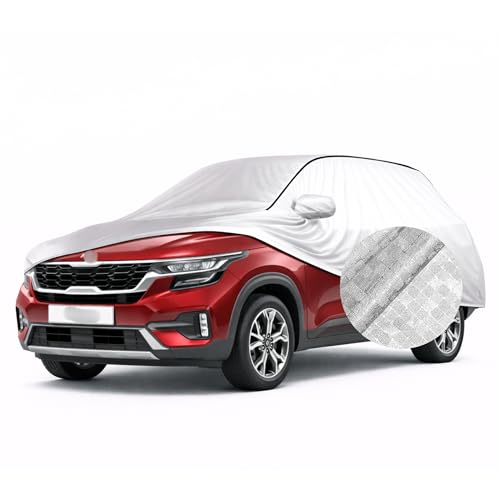 Image of SEAZEN Waterproof Car Cover for Kia Seltos | Dustproof, UV & Scratch Resistant Soft Cotton Lining | Triple Stitched, Mirror Pockets & Elastic Hem | Metallic Silver with Black Piping