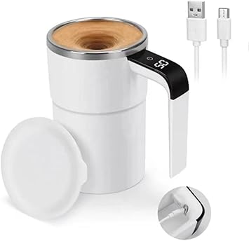 Automatic Magnetic Stirring Coffee Mug, Self Stirring Coffee Mug, Rechargeable Magnetic Stirring Cup, Electric Mixing Mug, Stainless Steel Self Stirring Cup with Lid for Coffee Milk Cocoa White.