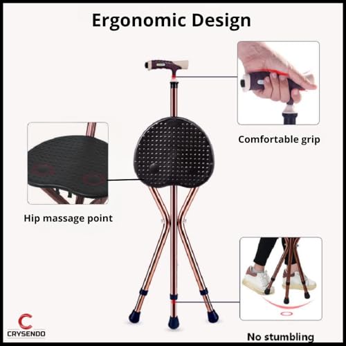 Image of Crysendo Height Adjustable Portable Walking Stick Chair with LED for Elders | Durable & Folding Cane Stool | Easy to Carry Chair Travel Hiking Hand Stick Cum Stool (Battery Included, Brown)