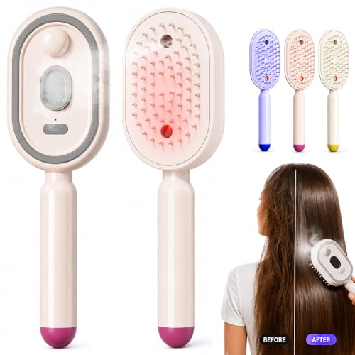 Electric Spray Air Cushion Comb for Women 4-in-1 Steam Hair Brush with Mist Spray Rechargeable Electric Hair Brush Anti-Static Detangling & Scalp Massage Hair Straightener Brush (Pink)
