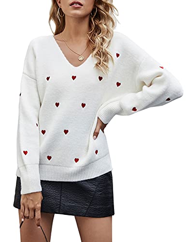 shermie Women's V Neck Loose Casual Cute Knit Red Heart Pullover Sweaters White Small