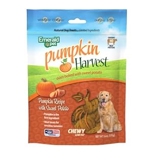 Emerald Pet Pumpkin Harvest Pumpkin Dog Treats — Low-Fat Chewy Natural Dog Treats with Pumpkin Puree for Digestive Health — Meat Free, Poultry Free, Grain Free Dog Treats — Sweet Potator, 6 oz