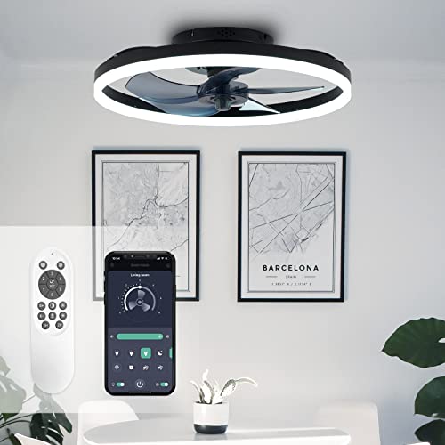 STERREN Modern Low Profile Ceiling Fan with Light, Bedroom LED Ceiling Fan with Remote Control, Bladeless Flush Mount Black Fan Lights Ceiling Fixtures for Living Room, Kitchen, Small Room