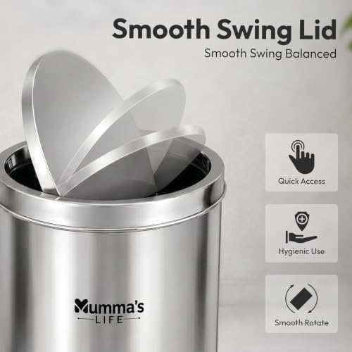 Image of Mumma's LIFE 10L Dustbin for Kitchen with Lid | Stainless Steel Swing Lid Trash Can | Steel Trash Can for Home & Office | Dustbin for Bathroom, Bedroom & Washroom (8x12 Inch)