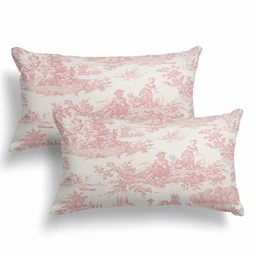 Pink Vintage Lumbar Pillow Covers 12x20 Inch French Country Throw Pillows Farmhouse Soft Durable Cushion Covers Pillowcase Rustic Retro Rectangle Pillow Cases for Couch Bed Outdoor Set of 2