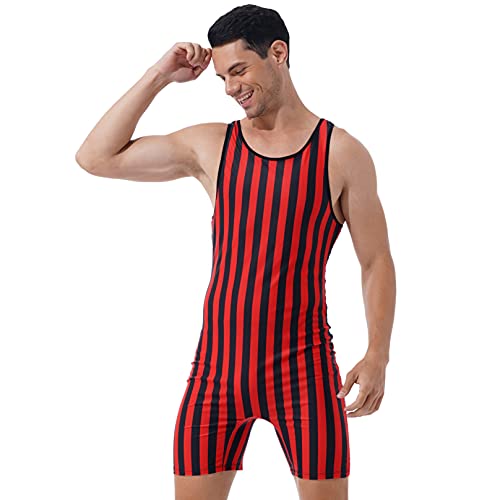 Men's Striped Print One Piece Wrestling Singlet Stretchy Bodysuit Sleeveless Tights Leotard4