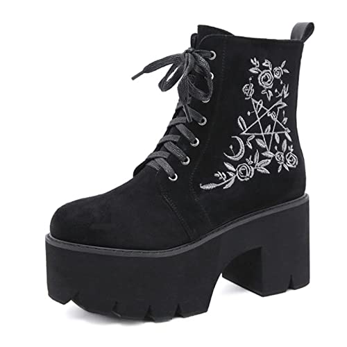 JIFAENY Fashion Flower Platform Boots Chunky Punk Suede Leather Womens Gothic Shoes Nightclub Lace Up Back Zipper -black shoes,10