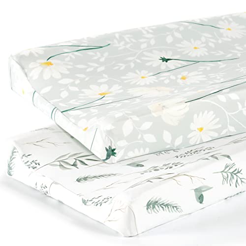 Image of GRSSDER Stretch Ultra Soft Jersey Knit Changing Pad Cover Set 2 Pack, Change Table Pad Covers Fit 32"/34" x 16" Pads Safe and Snug, Pretty Watercolor Daisy Flowers for Baby Girls