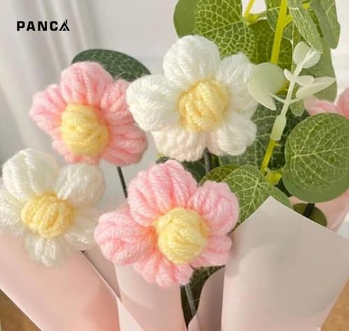 Image of PANCA Handmade Crochet Flower Bouquet (Pink) | Knitted Artificial Flower Arrangement with Vase | Cute Aesthetic Gift for Birthday, Anniversary, Wedding & Home Office Desk Decor