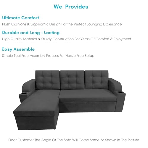 Image of Casaliving Grance LHS 4 Seater Corner Sofa Cum Bed for Living Room (Black Fabric) Premium Fabric Sofa