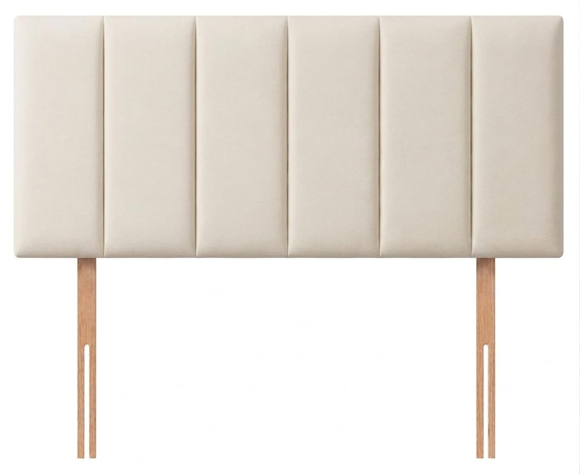 Hometric Plush Fabric Padded Vertical Lined Headboard for Divan Bed | Upholstered Bedroom Furniture with Wooden Struts | Adjustable 20 Inch Height | Single Double King Sizes, Cream