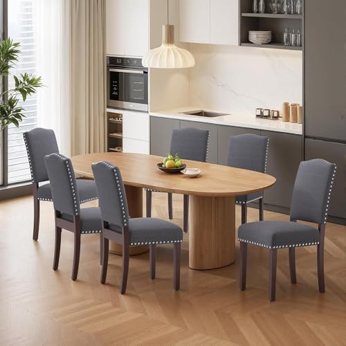 Image of Upholstered Dining Chairs Set of 6 with Thickened Seat Cushion, Wooden Mid-Century Modern Fabric Farmhouse Kitchen Chairs for Dining Room Living /Restaurant /Reading Room
