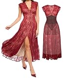 Popilush Lace Maxi Dresses for Women Sleeveless V Neck Formal Cocktail Shapewear Dress Wedding Guest Mother of Bride Split Dresses Red