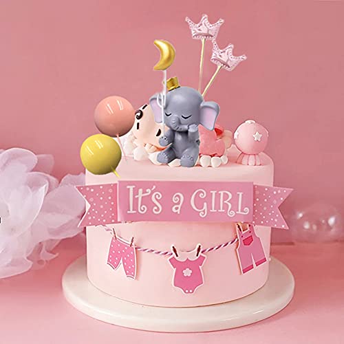 Newmemo 14Pcs Pink Elephant Cake Topper Cute Baby Elephant Cake Decorations Pearl Balls Crown Cake Picks Little Figurine Doll Cupcake Topper It's A Girl Baby Shower Birthday Party #TOP5