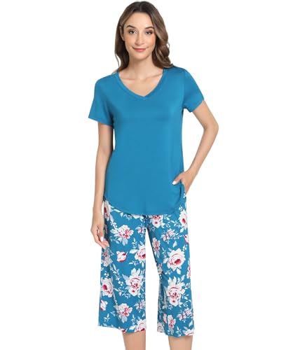 Image of NACHILA Bamboo Viscose Pajamas for Women Lace V Neck Capri Pants Pjs Set