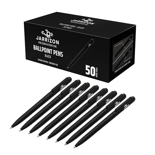 JARRIZON Ballpoint Pens Black – Smooth Writing Biro, Twist Action Retractable, Premium Matte Office Pens, 50 Pack for School, Business & Everyday Use