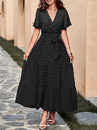 Mascomoda Dresses For Women 2023 Short Flutter Sleeve Tiered Maxi Dress Swiss Dot Solid V Neck Wedding Guest Dress With Belt(Black, X-Large) #TOP2