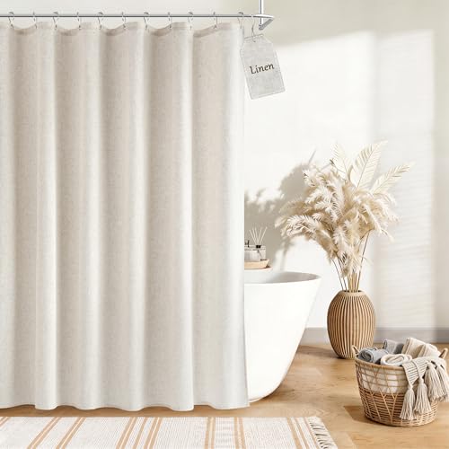 Nanspring Linen Shower Curtain 72 Inch Long Boho Farmhouse Fabric Natural Cream Beige Shower Curtains Set with Hooks for Bathroom Neutral Cloth Modern Cottage Core Waterproof Bath Decor 72x72 Ivory