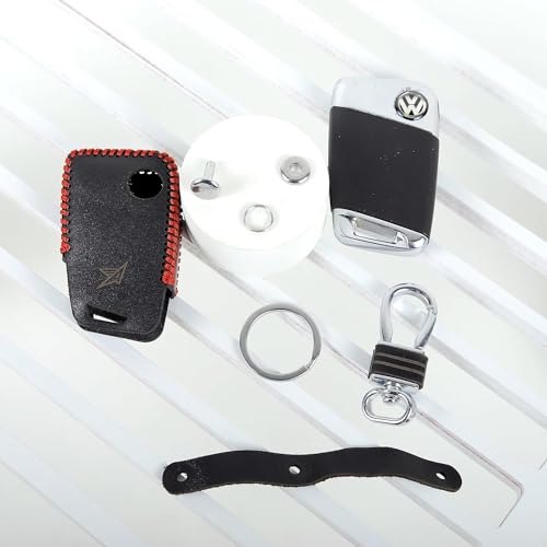 Image of Leather Smart Car Key Cover Case with Metal Hook Keychain Superb, Octavia, Jetta, Passat, Tiguan (Black)