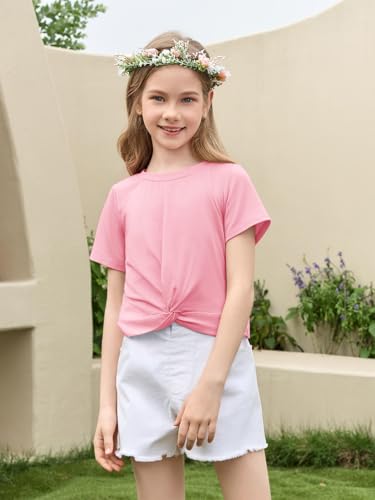 Image of Haloumoning Girls Short Sleeve T Shirts Kids Summer Twist Front Crop Tops Fashion Tees 5-14 Years