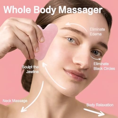 Image of Rose Quartz Gua Sha Massage Tool for Face, Jawline Sculptor, Natural Quartz Stone Guasha Board, Face Sculpting Tool, Acupuncture Therepy Trigger Point Treatment (Light Pink)