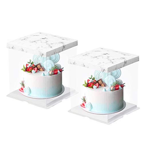 Transparent Cake Box, 2 Pcs Clear Plastic Cake Boxes Bakery Packaging Carriers with Pre-folded Lid Baking Cookie Display Pack Carry Tall Layer Gift Toy Box 9.4" x 10.3" x 10.3" - Marble Print