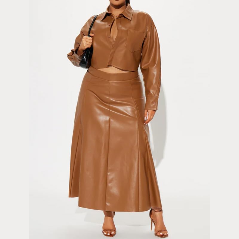 Womens PU Leather Outfits Long Sleeve Lapel Sexy Shirt Top Maxi Skirt Going Out Casual Set - Image 5