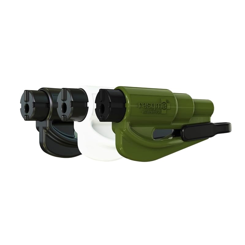 RESQME ferramenta de emergência automotiva 2 em 1 com cortador de cinto e quebra-vidro, Family Pack com 3 unidades, preto, branco e verde-militar