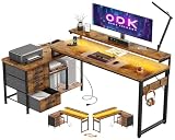 ODK Escritorio Esquinero con Cajones y Estanteria, Mesa Escritorio con Puerto USB y Toma de Corriente, Escritorio de Ordenador para Gaming en L, Mesa Oficina (Marrón, 174x100cm)