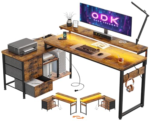 ODK Escritorio Esquinero con Cajones y Estanteria, Mesa Escritorio con Puerto USB y Toma de Corriente, Escritorio de Ordenador para Gaming en L, Mesa Oficina (Marrón, 174x100cm)