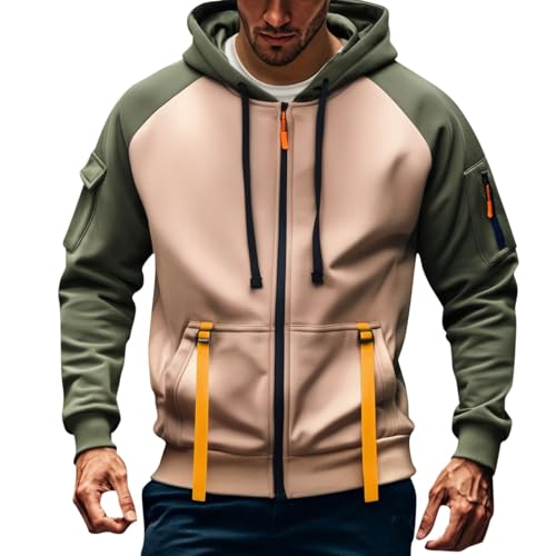 Tactical Hoodies for Men 2025 Fashion Casual Color Block Full Zip Up Cargo Hooded Sweatshirts with Multi Pockets