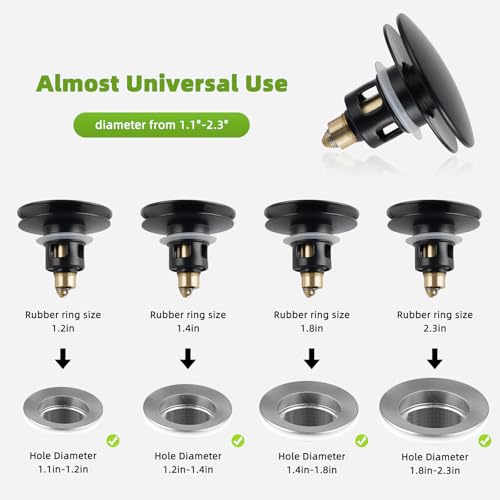 Image of Universal Bathroom Sink Drain Stopper Strainer, 2PCS, Matte Black | 2 in 1 Pop Up Sink Stopper for 1.1''~2.36'' Sink Basin Hole, Hair Catcher with Removable Stainless Steel Filter Basket