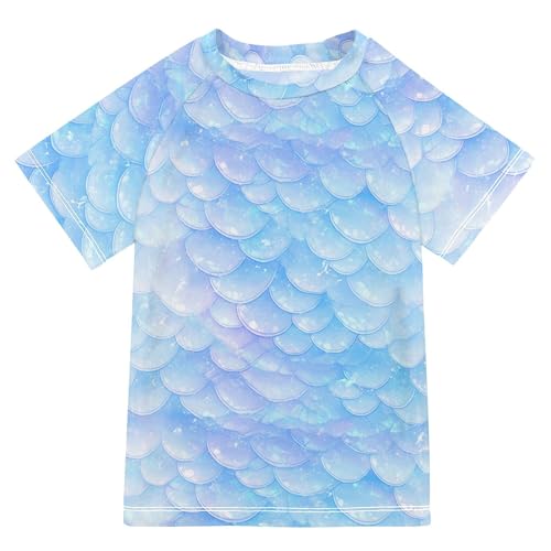 Wudan Blue Dragon Scales Shimmering Kids Bathing Suits Girls Short Sleeves Teen Rash Guard Swimsuit Swimwears Volleyball Shirts for Big Boys 11-12Y