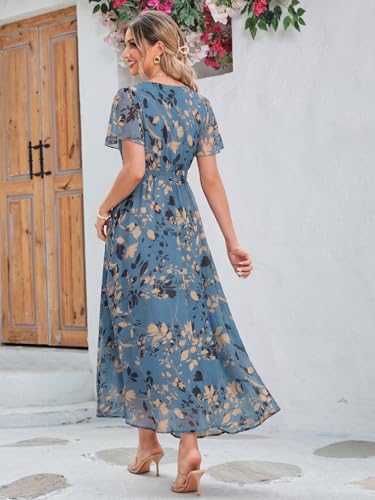 Image of Simplee Women's Boho Floral Maxi Dress Flowy Casual V Neck Short Sleeve Wedding Guest Holiday Beach Long Dress